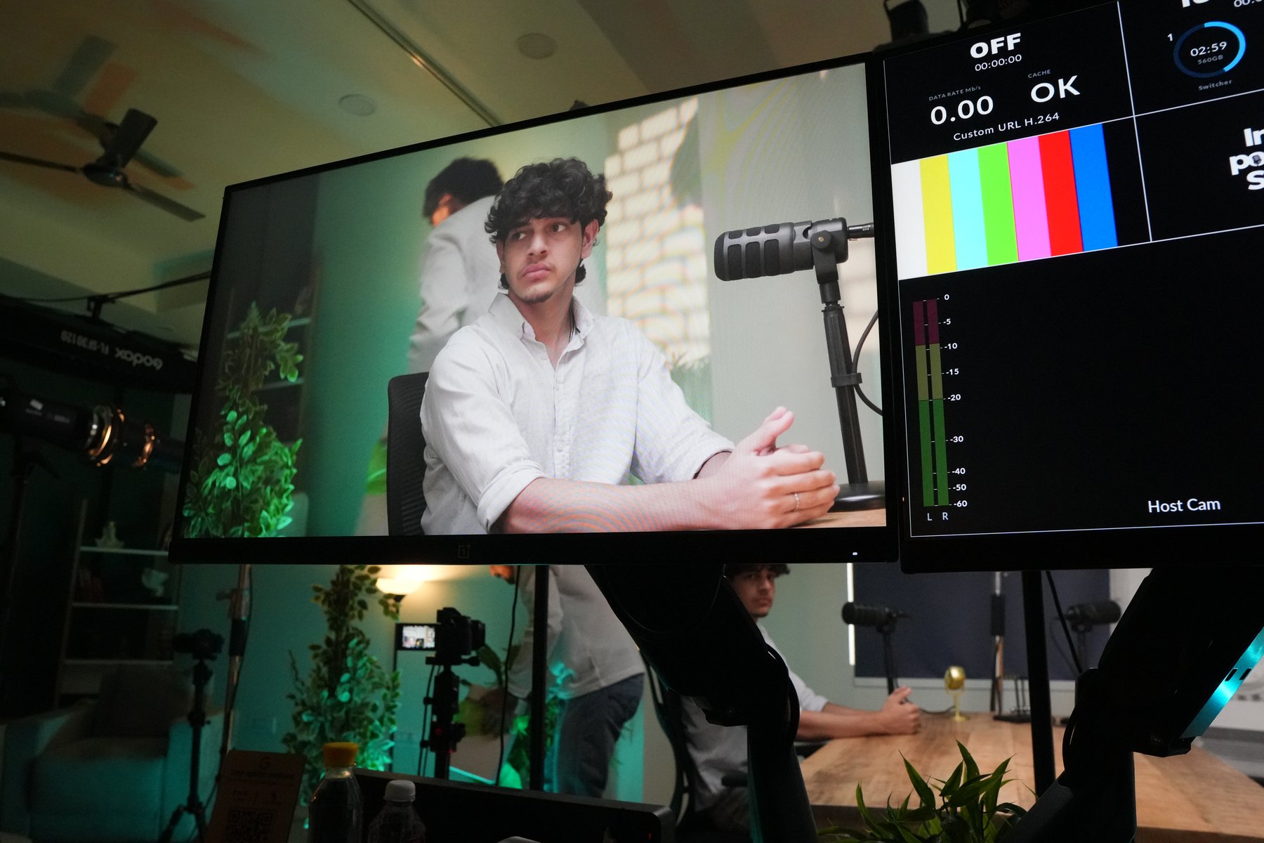 Host cam preview at podcast studio