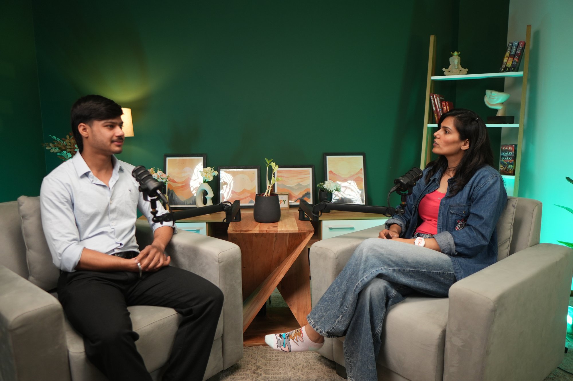 Set Prithvi – green lounge podcast studio Noida with two hosts recording